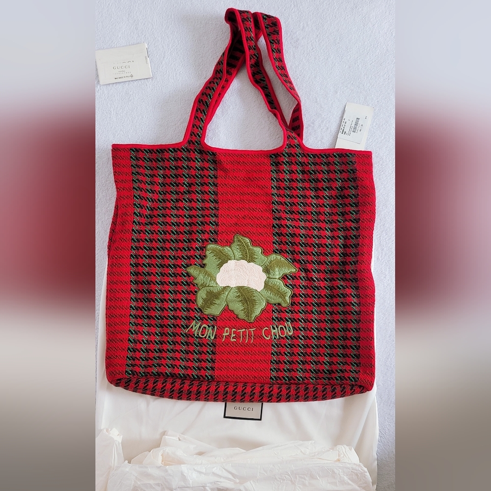 Authentic Gucci cauliflower embroidered houndstooth and stripe Wool tote bag - Picture 3 of 16